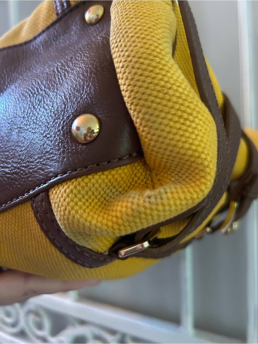 Michael Kors Yellow Canvas Tote with Brown Leather Accents - Picture 9 of 12